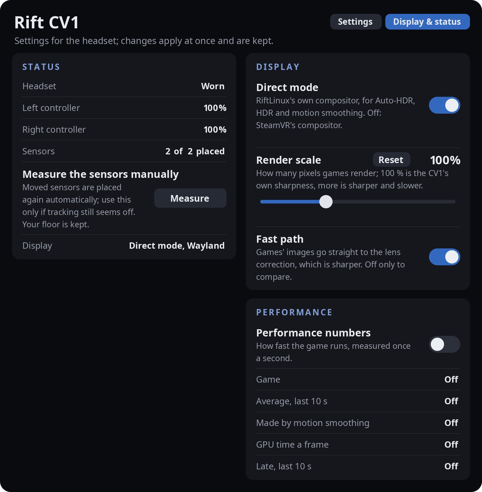 The Rift tab, Display & status page