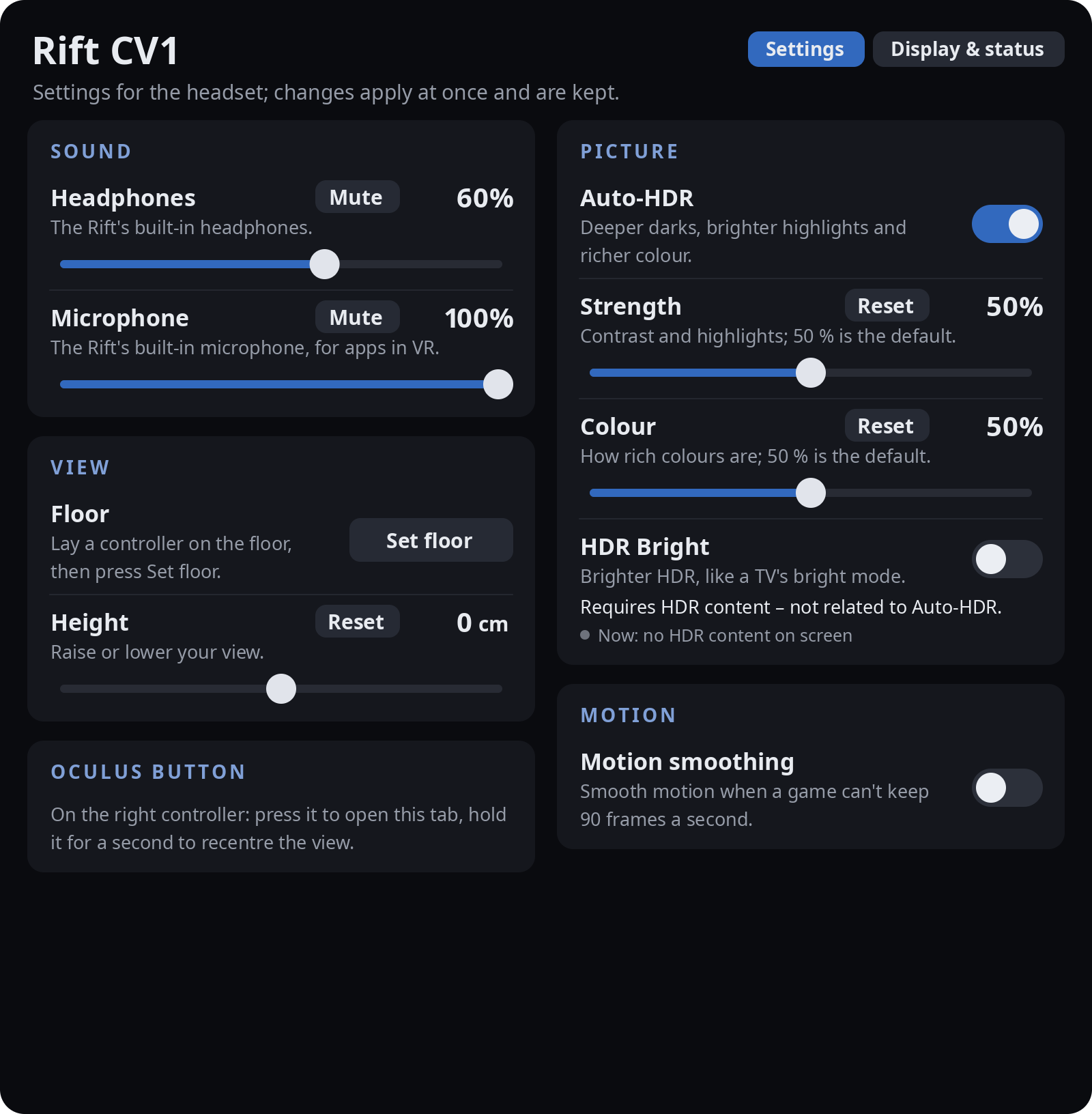 The Rift tab, Settings page